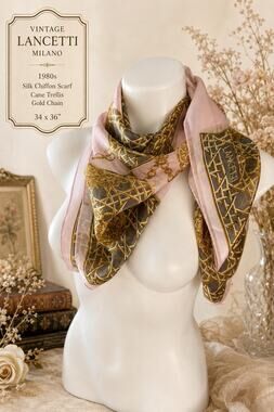 Vintage Lancetti Milano 1980s Silk Chiffon Cane Trellis Gold Chain Scarf 34x36